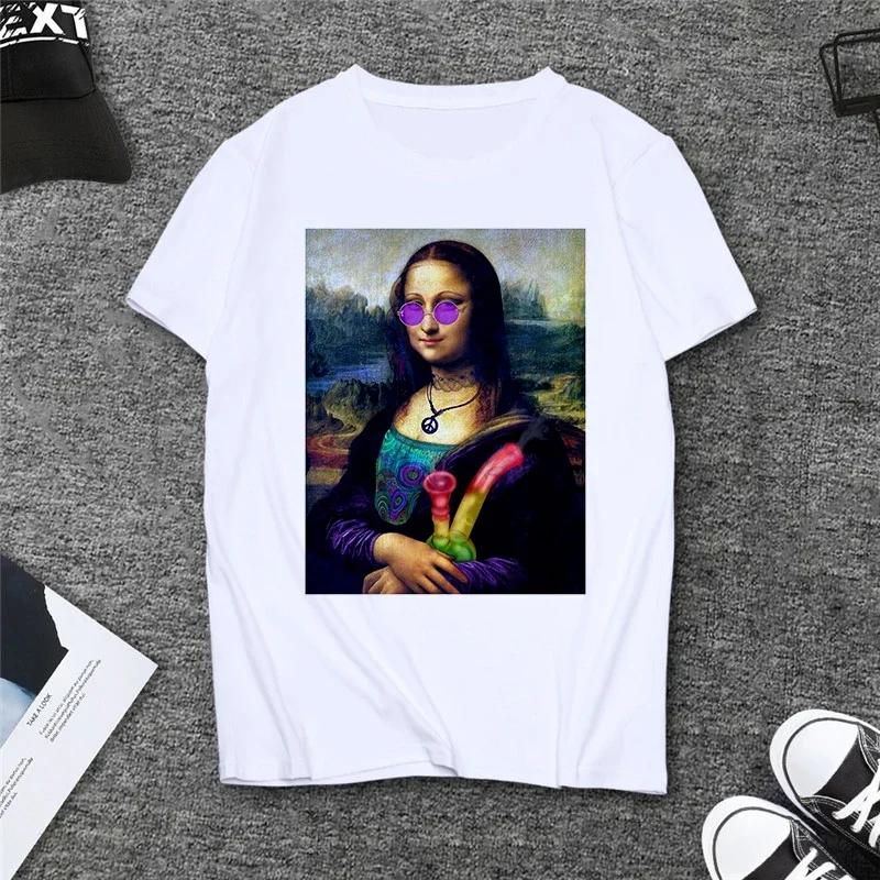 Verão Paródia Mona Lisa Bebendo Cerveja Estampa Camisetas Mulheres Estética Engraçado Casual Mangas Curtas Tops Feminino Mangas Harajuku