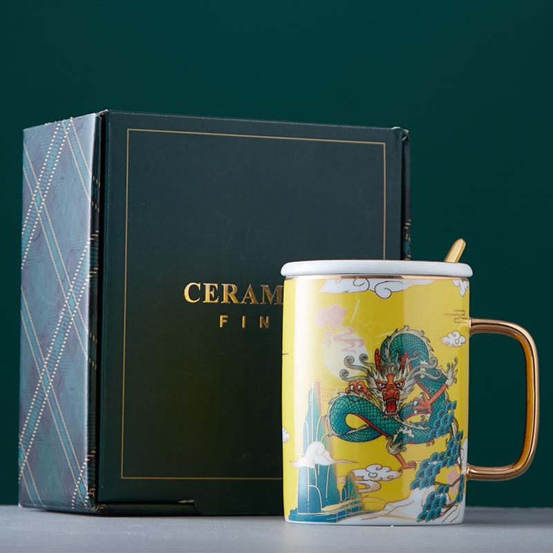 

Керамическая кружка для чая с крышкой, узор «Китайский дракон», для воды и кофе, китайский фарфор, персональная чайная чашка, подарок на свадьбу, 450 мл 450ml жёлтый