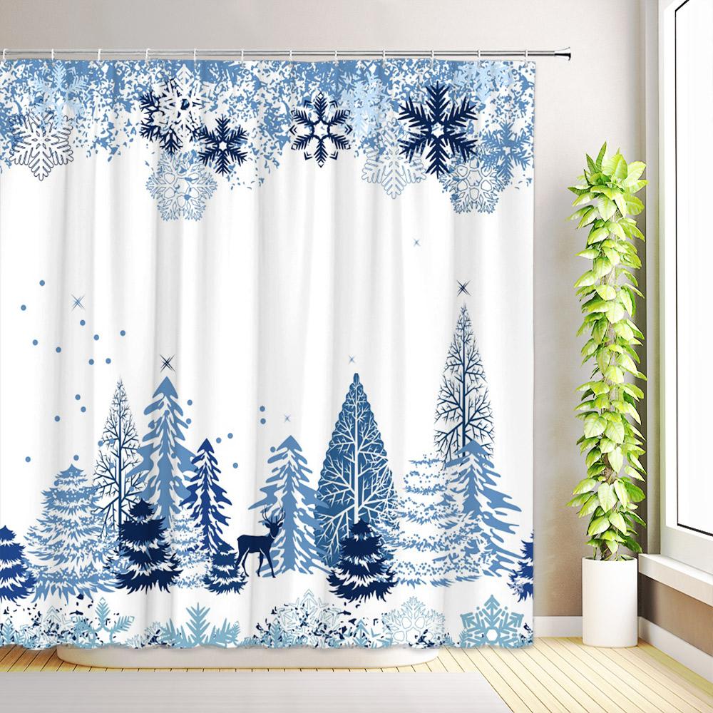 Christmas Shower Curtain Buffalo Plaid Xmas Tree Winter Snowflake Reindeer Nature Forest Cedar New Year Bathroom Decor with Hook