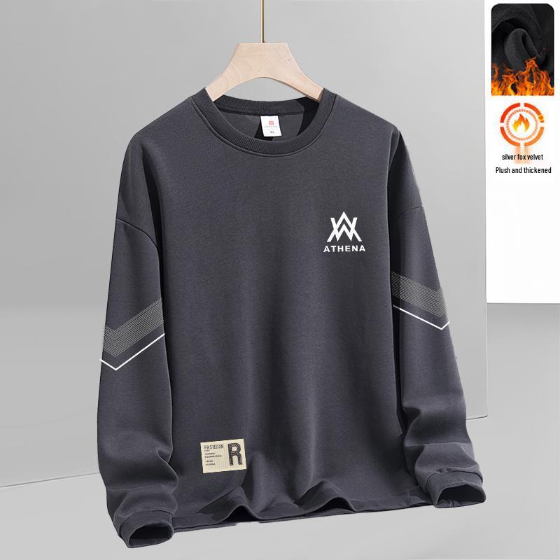 Men's Loose Round Neck Plus Velvet Long Sleeve Pullover for Autumn and Winter