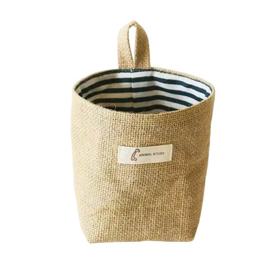 Cotton Linen Hanging Storage Bag Wall Mounted Storage Basket Small Folding Storage Bag with Handle for Keys Toys Cosmetics