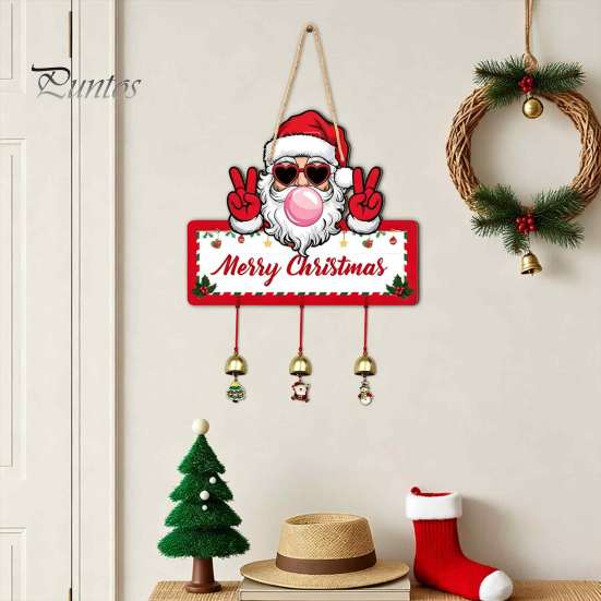 Festive Hanging Ornament Merry Christmas Wooden Wall Door Sign with Bells, Rustic Santa Snowman Indoor Holiday Party Supplies Tree Reindeer Decorative