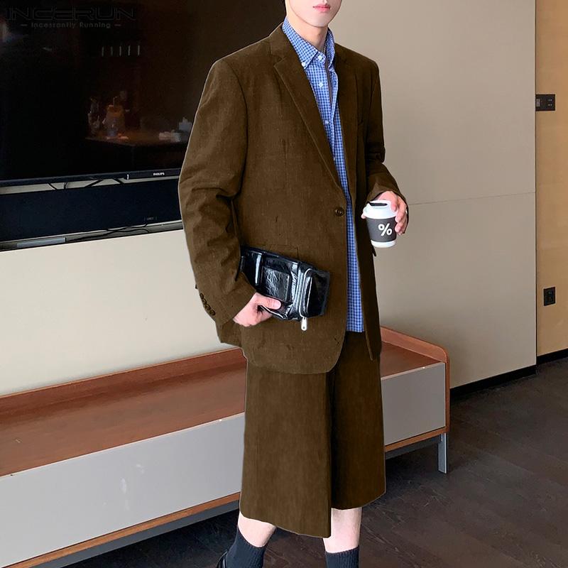 INCERUN Two Pieces Outfits Men Oversized Long Sleeve Blazer Capri Pants Sets Outfits