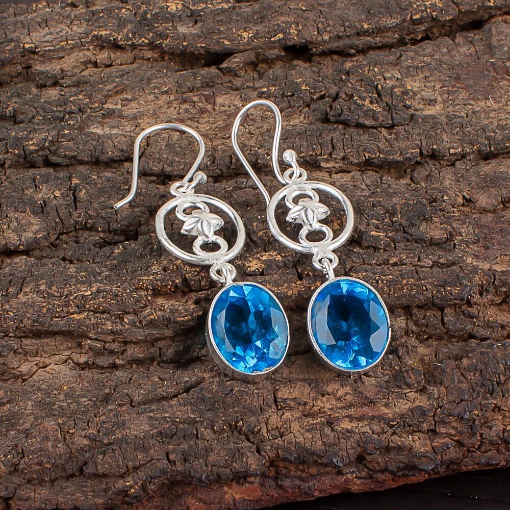 Swiss Blue Topaz Gemstone 925 Sterling Silver Jewelry Handmade Earrings 2.00" EE-17-8
