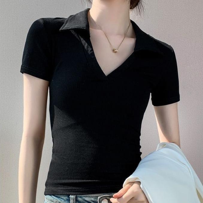 Women's Short-sleeve T-shirt Summer Simple Solid Color Slim-fit Polo Collar T-shirt Short Stretch Polo Shirt