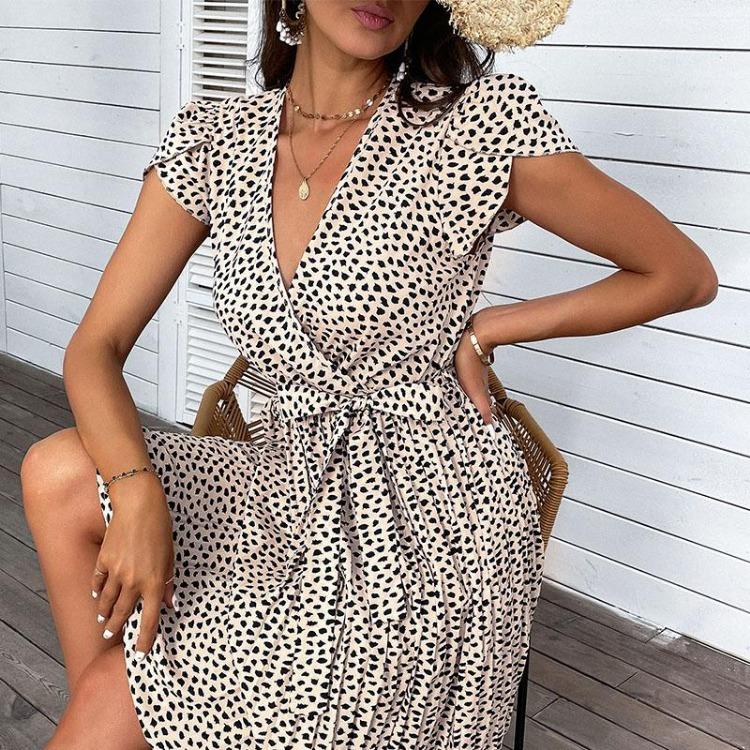 

Leopard Print V Neck Short Sleeve Summer Beach Dress High Waist Long Dress XXL хаки
