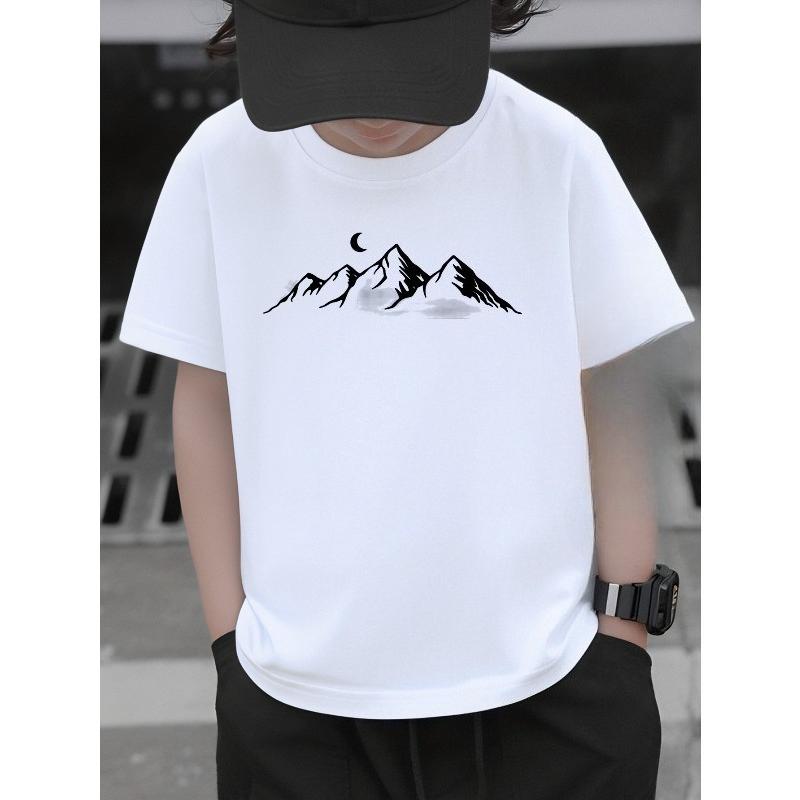 European sizes Boys' T-shirt Mountain Range Moon Night Sky Silhouett, Ideal for Outdoor Activities, Soft Knitted Top, Comfortable And Breathable