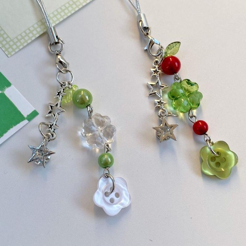 Fashionable Four Leaf Grass Keychain Button Inspired Beaded Charm Hanging Pendant Korean Style Decoration