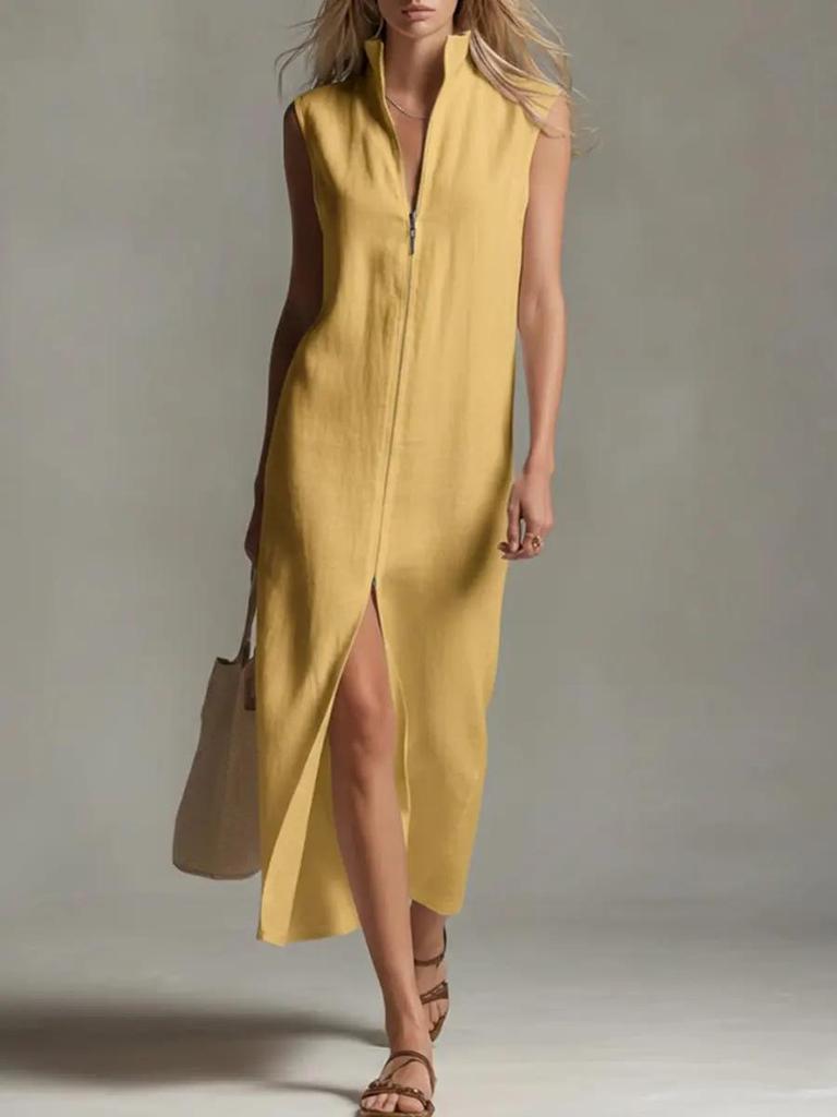 2026 Summer European & American Sleeveless Stand Collar Zipper Slit Casual Dress – Women's Fashion