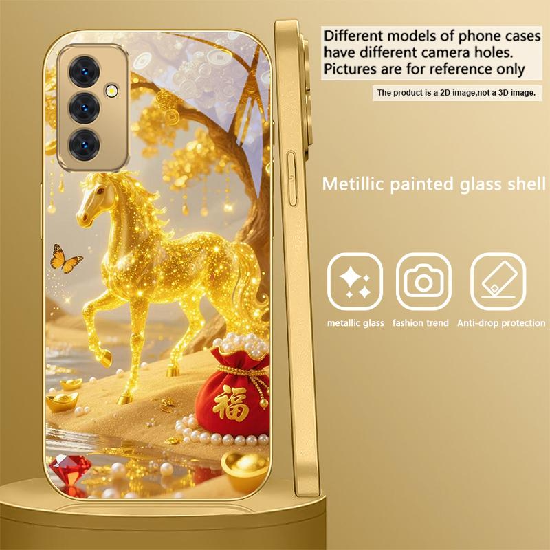 The Golden Lucky Horse For Samsung Galaxy S 21 S22 S23 Plus S24 Ultra S20 FE 25Ultra S21+ S9+ 22Plus Golden glass phone case