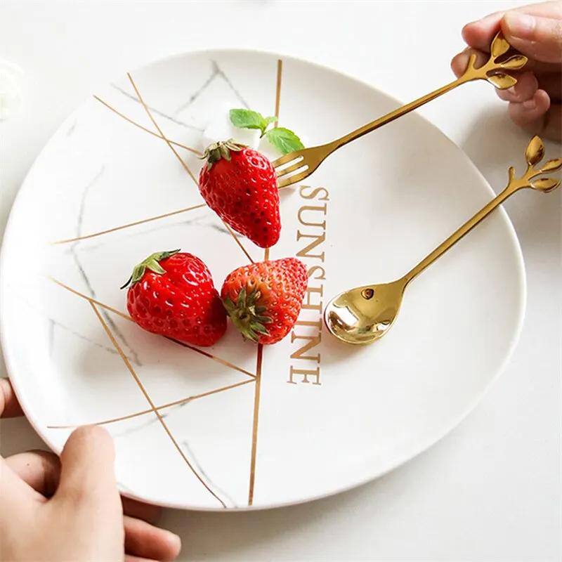 Creative Stainless Steel Leaf Shape Gold Flatware Fruit Fork Dinnerware Appetizer Snack Dessert Fork Kitchen Tableware 6Pcs