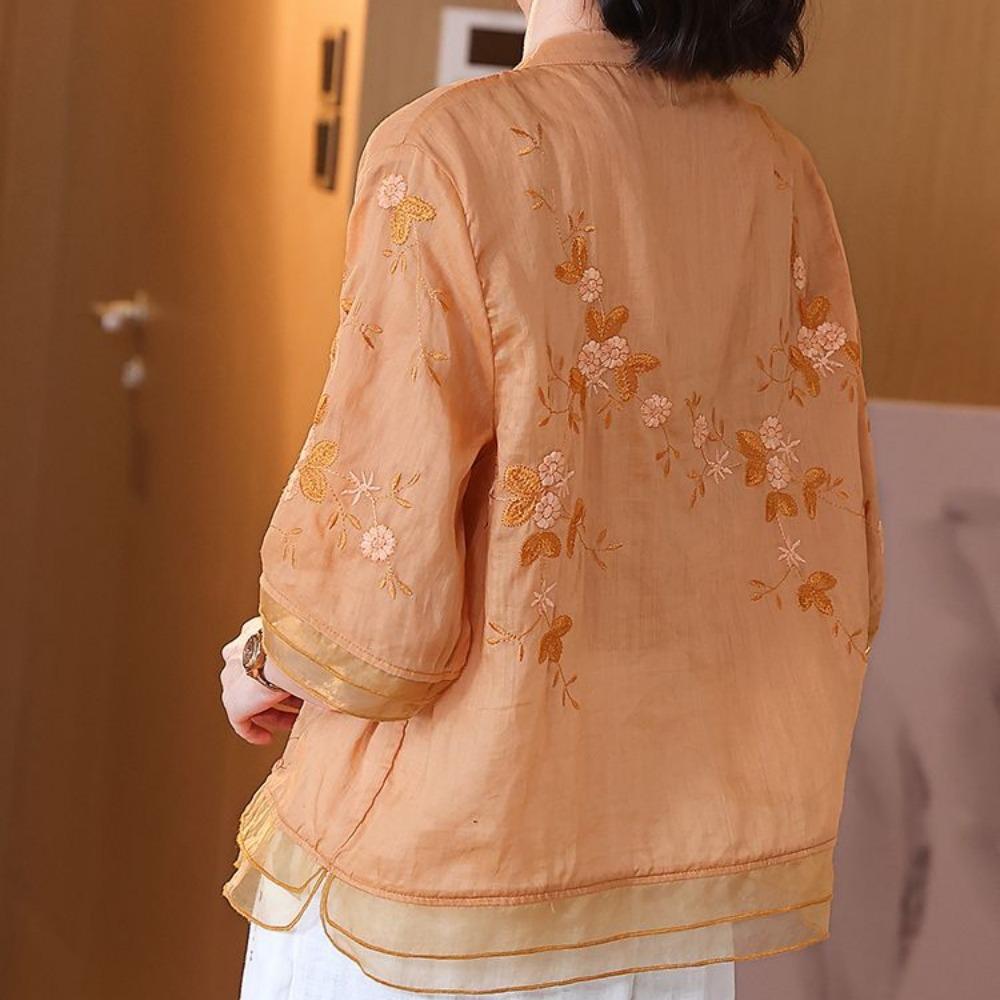 Vyšívaná košile se stojáčkem Letní tříčtvrteční rukáv Dámská volná halenka z bavlny