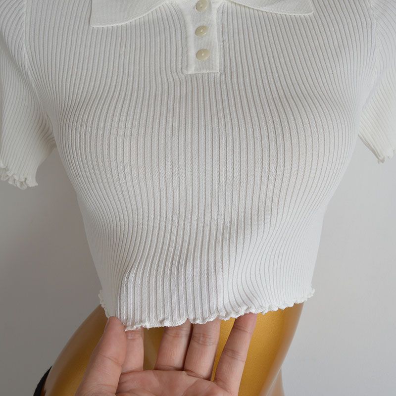 Spring and Summer New Arrival Pure Color Polo Lapel Pullover Knitwear Women's Silm Short Crop Top Stringy Selvedge Short Sleeve T-shirt