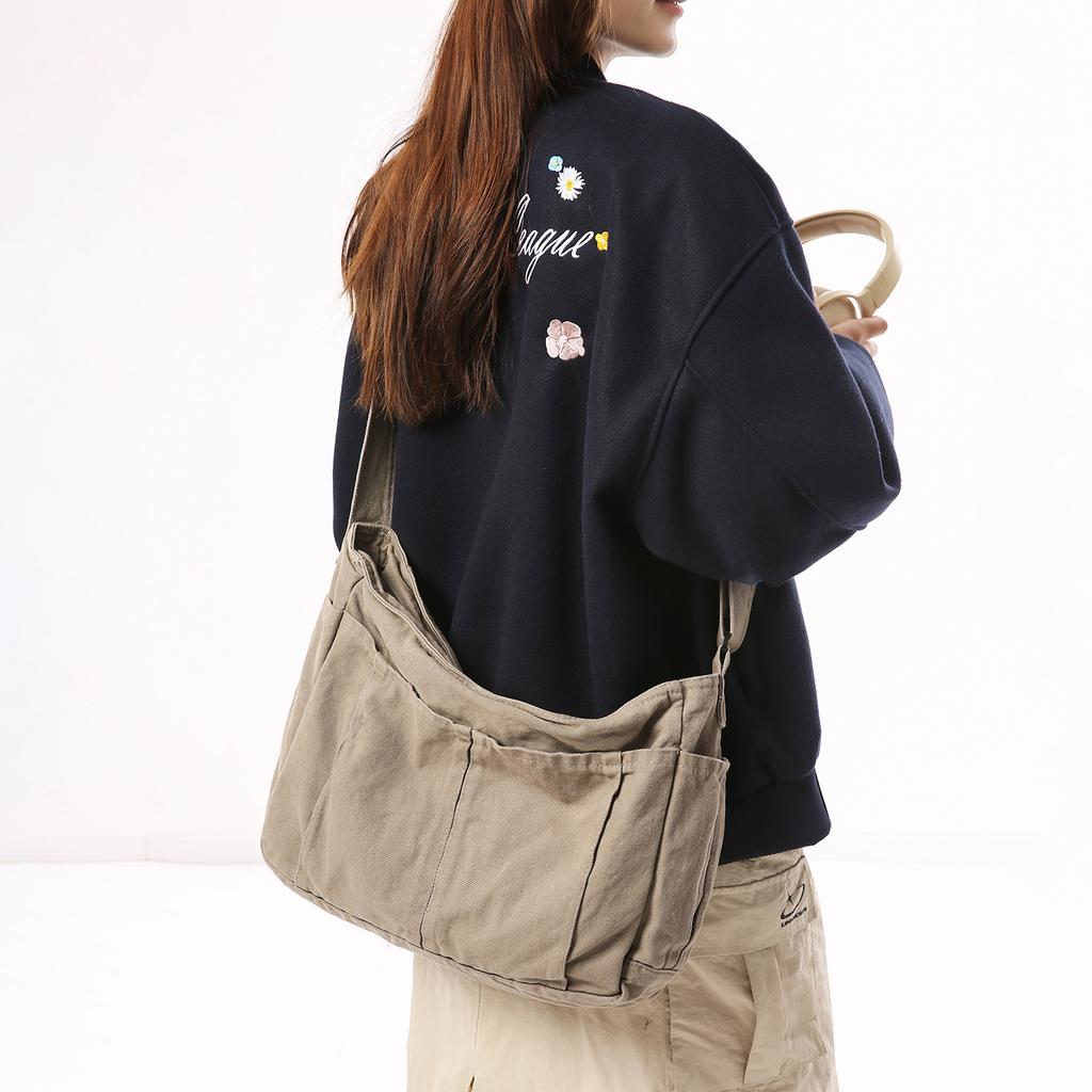 Washed Canvas Messenger Bag Female Retro Literary Lazy Wind Tote Bag College Student Commuting Shoulder Bag Mailman Bag Male