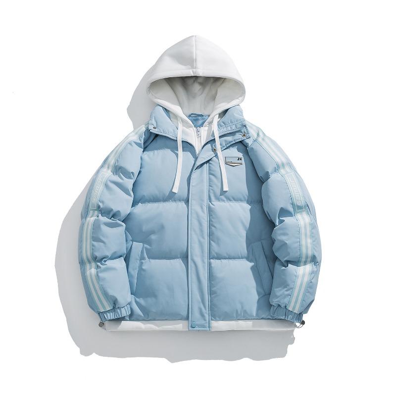 New couple loose hooded cotton-padded jacket, winter black fake two-piece thickened warm cotton-padded jacket