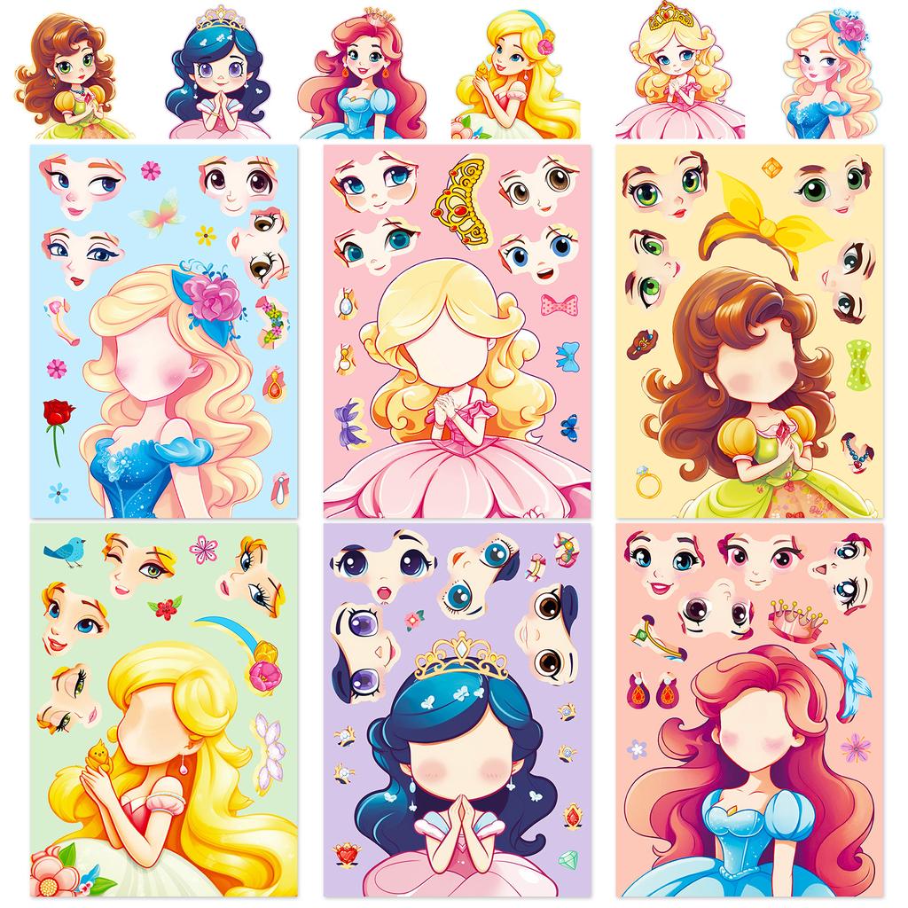 6 Sheets DIY Puzzle Stickers Princess Mermaid Face Changing Fun Jigsaw Assembly Stickers Kids Toys Birthday Gifts for Girls