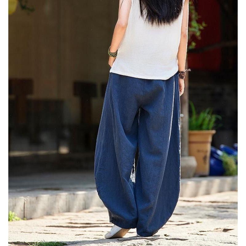 Женские летние широкие брюки большого размера из хлопка и льна — фото 7