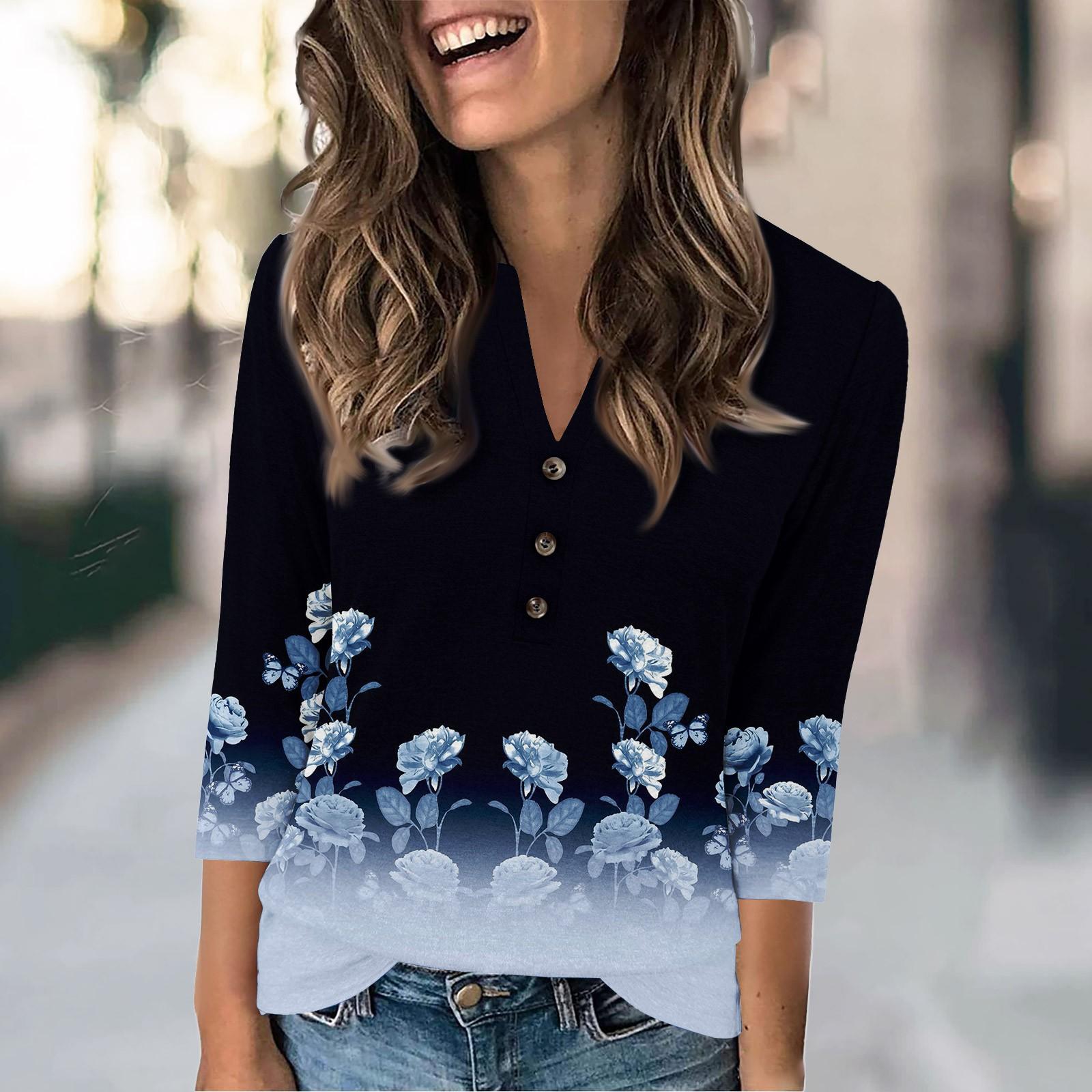 

Женская модная повседневная футболка с винтажным цветочным принтом и V-образным вырезом, рукавом 3/4, на пуговицах XXXL