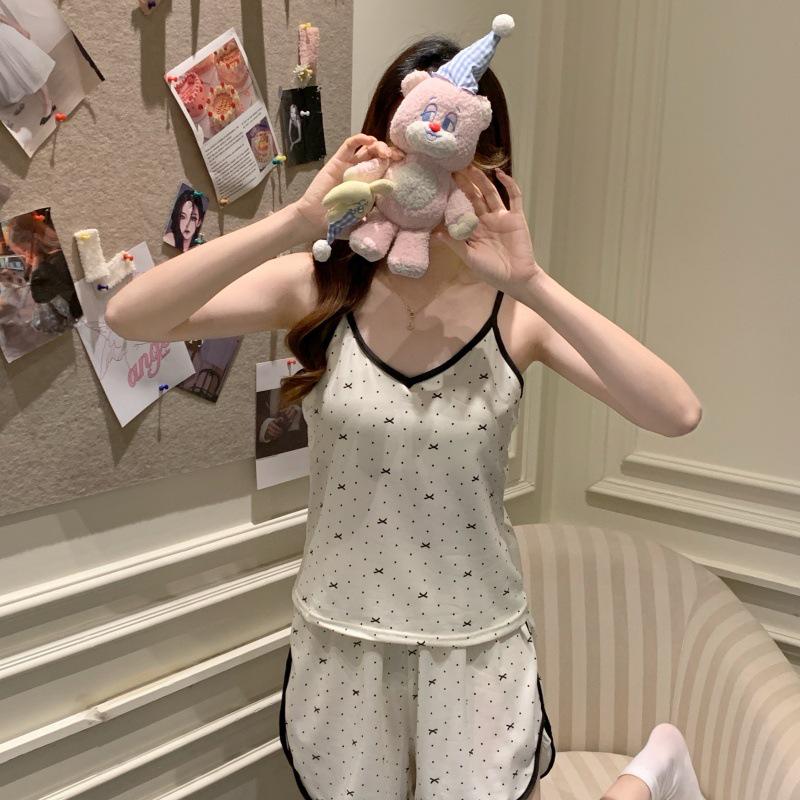 Women's Cartoon Camisole Tank Top Pajamas Set with Chest Pads - Summer Home Wear for Girls with Shorts