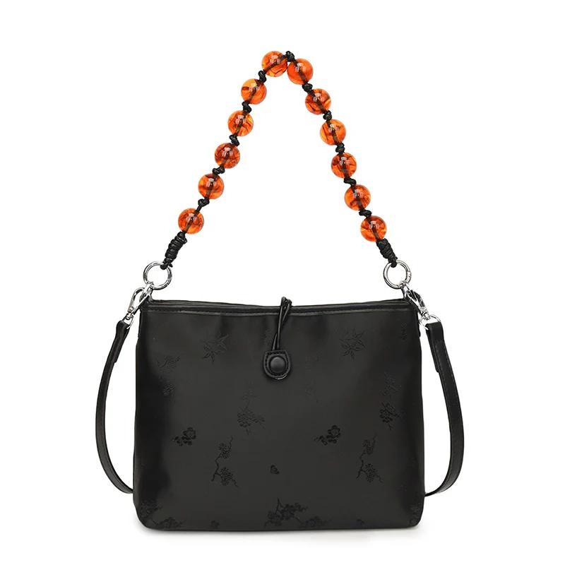 

Роскошный дизайн ретро женские сумки большой емкости черные печатные нейлоновые сумки через плечо модные бисерные шнурки плечевые ремни женская сумка