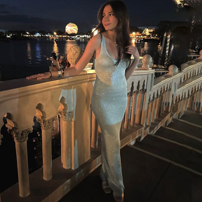 Sommer Sexy Durchsichtiges Langes Kleid Für Frauen Hohe Taille Ärmellose Schlanke Midikleider Damen Party Bodycon Glänzende Pailletten Abend Elegantes Kleid Dame