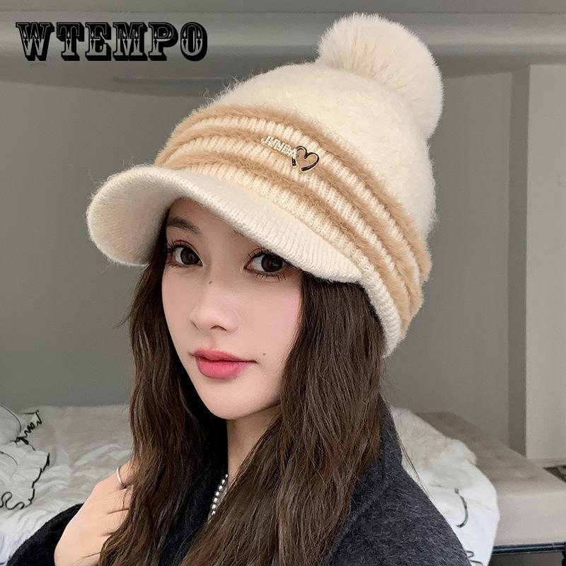 New Autumn and Winter Striped Hat Outdoor Plush Windproof Wool Hat Girl Hairball Ear Protector Knitted Cap