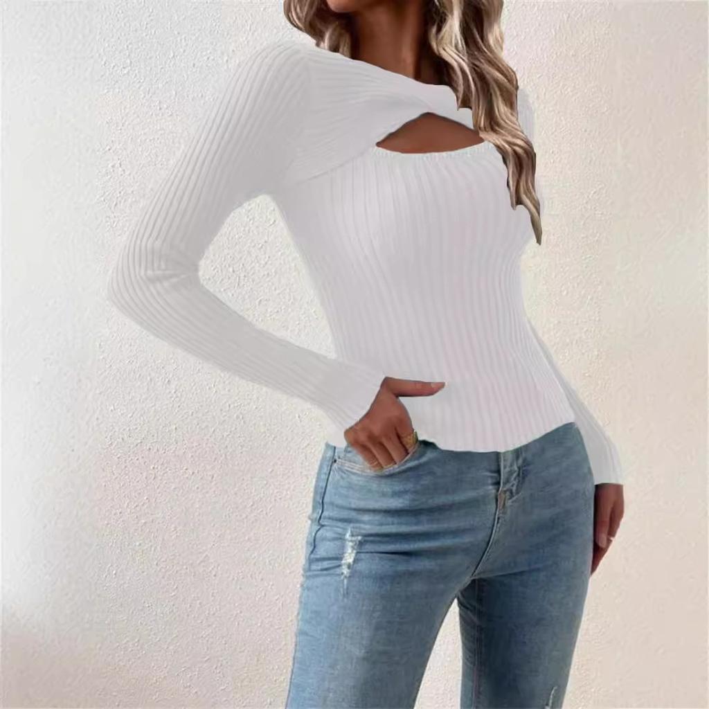 Women Elegant All-Season Ribbed Knit Sweater – Comfortable Crew Neck with Chic Cut-Out Detail, High-Stretch Polyester