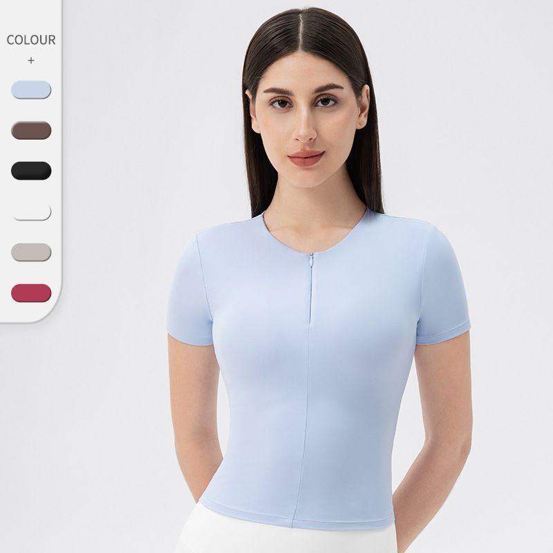 Foreign Trade Belt Chest Pad Yoga Clothes Short Sleeve Front Zipper Tight Fitness Top Nude Feel High Elastic Sports Running T-shirt Women