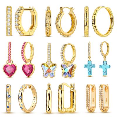 New 925 Sterling Copper Gold Color Hoop Earrings Butterfly Paved CZ Stone Original Golden Earrings For Women Fine Zircon Gift