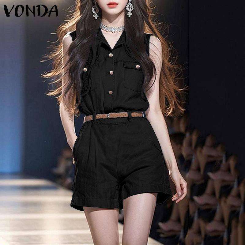 VONDA Women Summer Lapel Neck Sleeveless Buttons Elastic Waist Casual Jumpsuits Rompers