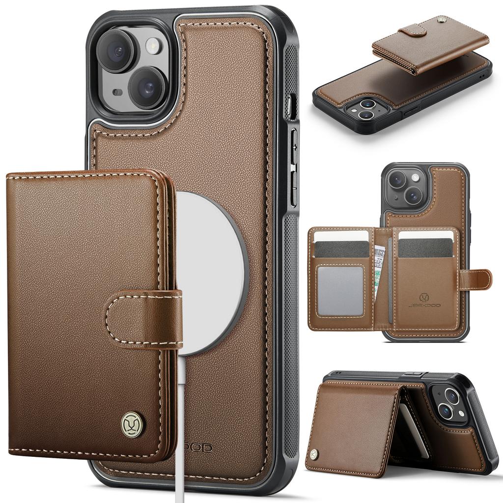 For iPhone 14 Case JEEHOOD J09 RFID Blocking Card Holder Leather Back Phone Cover Compatible with MagSafe