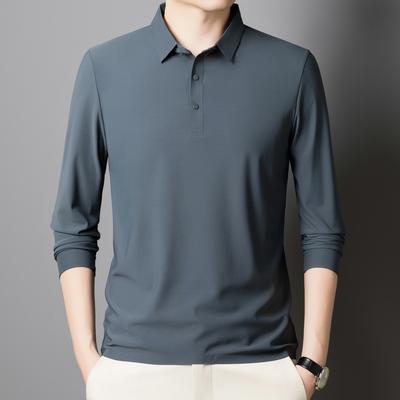 Solid Color Lapel Ice Silk Polo Shirt Long Sleeve Men's Spring and Autumn Traceless Business Casual Quick-drying Long Sleeve Top