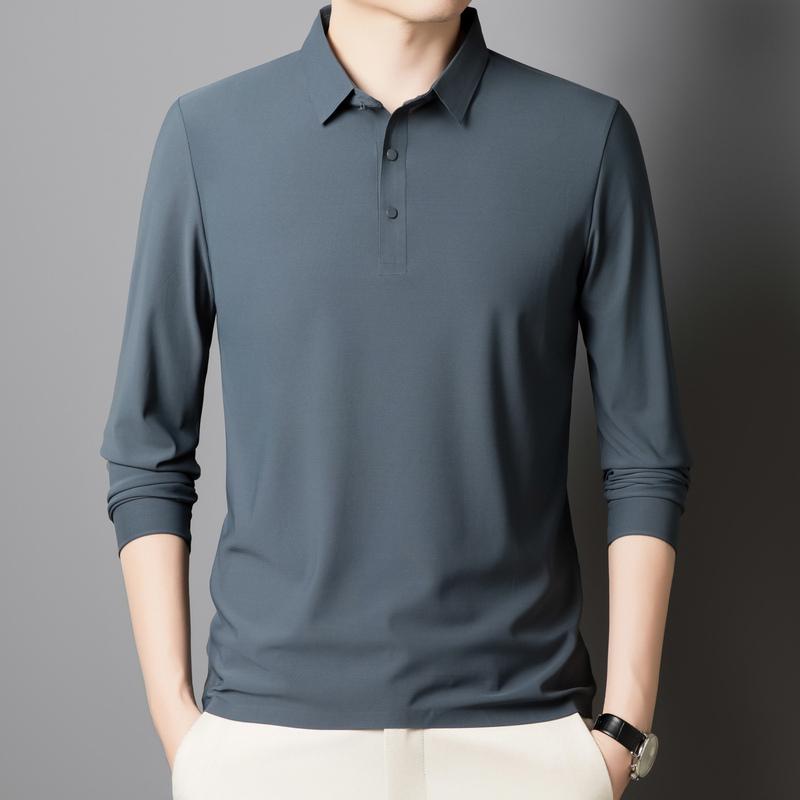 Autumn Ice Silk Markless Long-sleeved T-shirt Men's POLO Shirt New Solid Color Lapel Top