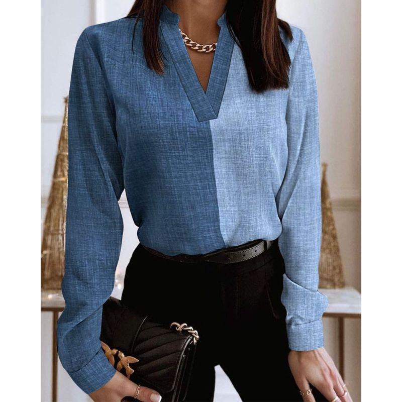 

V-neck Lace Long Sleeve Shirt Fashion V-neck Lace Long sleeve Shirts Shirt Women clothes Denim Blue S