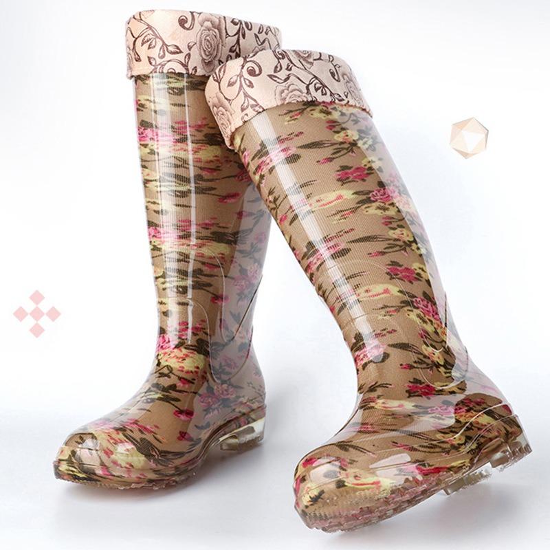High Tube Rain Shoes Waterproof Shoes Long Tube Velvet Cotton Rain Boots Rubber Shoes Overshoes Water Boots Female Adult Fashion Non-slip Warm Summer