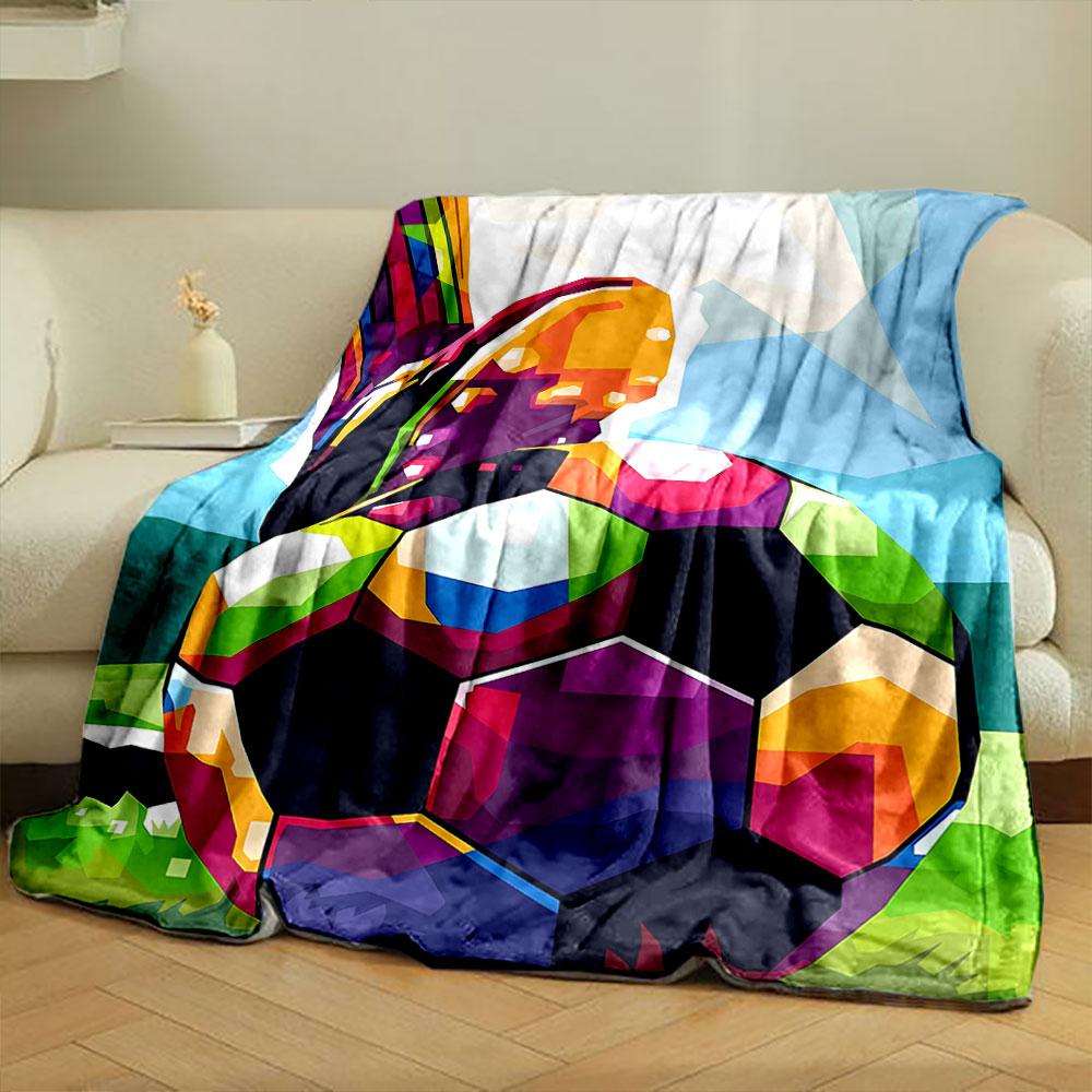 Colorful Geometric Patterns Depicting a Soccer Ball and a Cleat In Motion. for All Seasons Blanket Lunch Break Throw Gift
