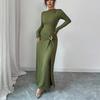 European Style Maxi Dress Fall Solid Color Long Sleeve Knitted
