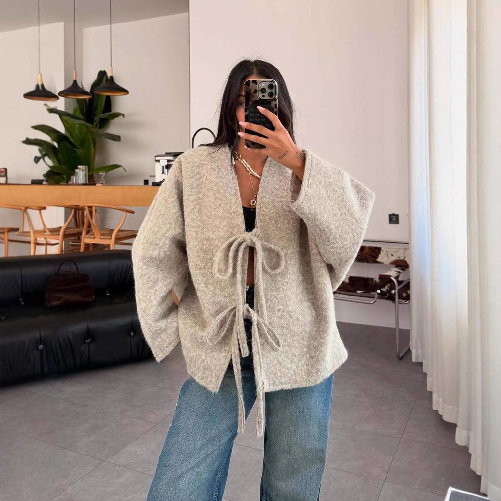 2025 cross-border European and American women's clothing Amazon cardigan long-sleeved lace-up woolen jacket casual pants fashion suit