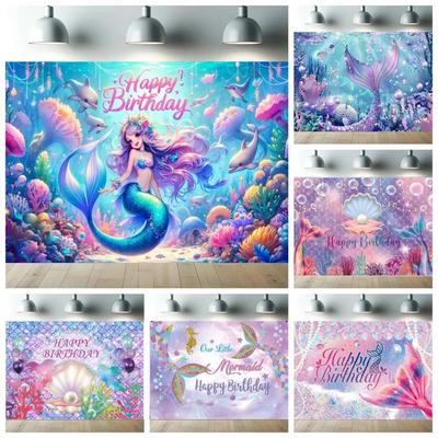 Sparkling Mermaid Underwater Castle Banner  Childrens Birthday Party Decor Ideal for Photography Studio BackgroundTapestry