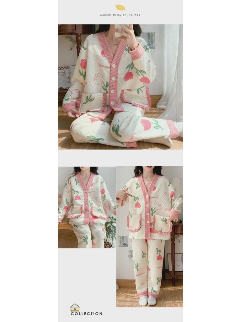 Damen Cartoon Baumwollpyjama Set - Warm und stilvoll für Herbst/Winter