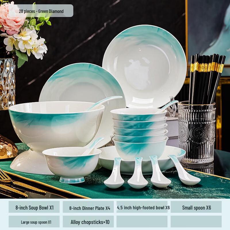 DX Green Diamond 28-Piece Ceramic Dinnerware Set
