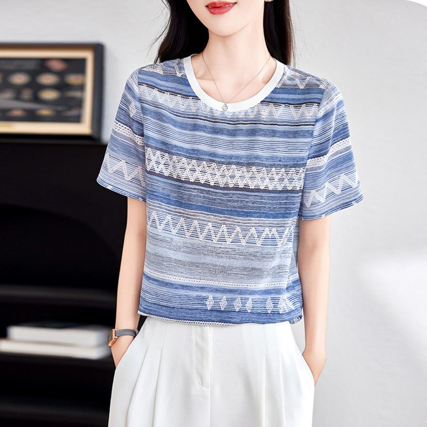 Silk short-sleeved t-shirt women's  new versatile loose casual striped age-reducing mulberry silk top