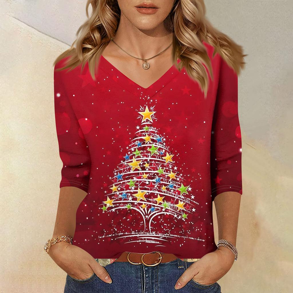 Dámská móda ležérní tričko s výstřihem do V, 3/4 rukáv, volný potisk, dámský top