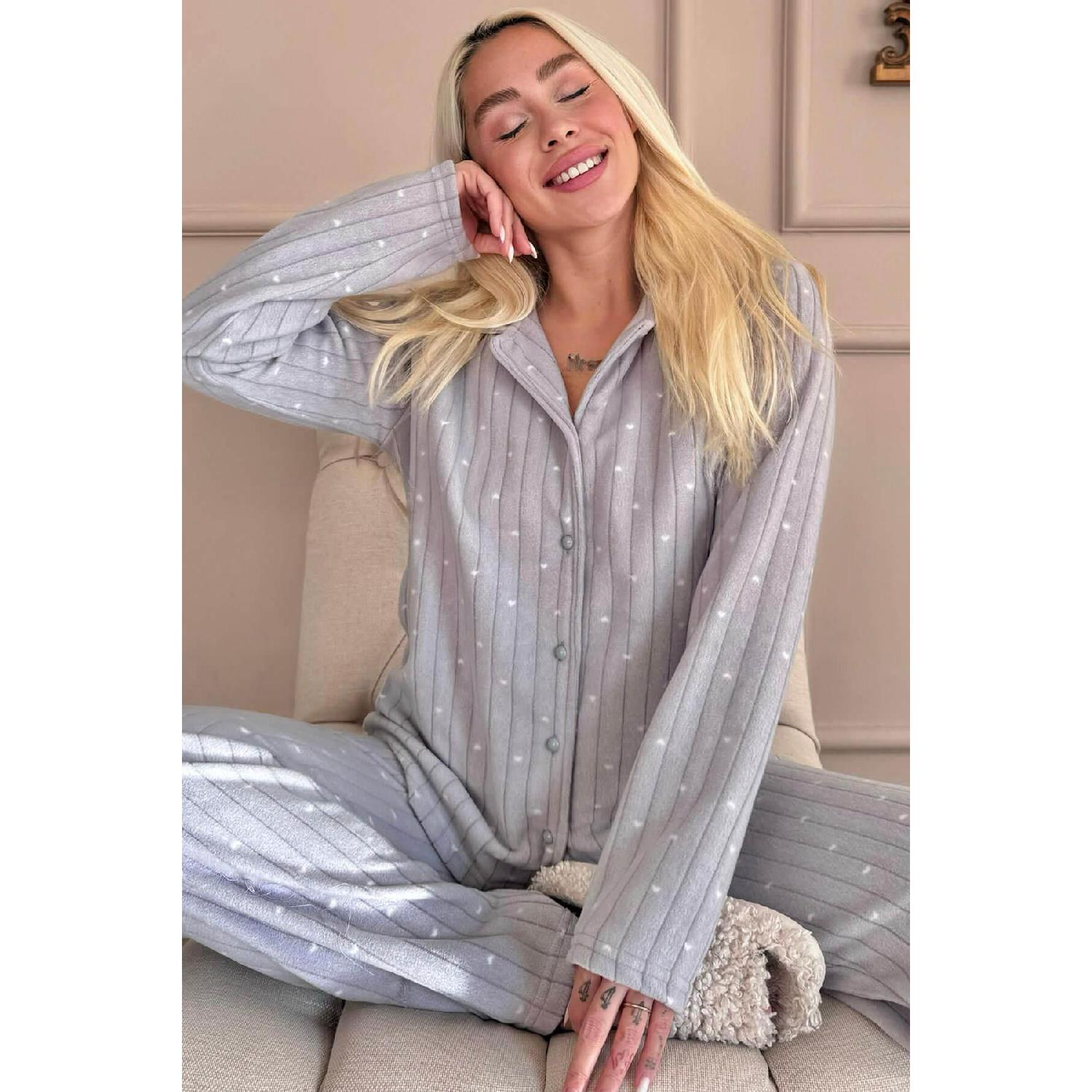 

Gray Rim Patterned Front Buttoned Plush Polar Pajama Set S серый