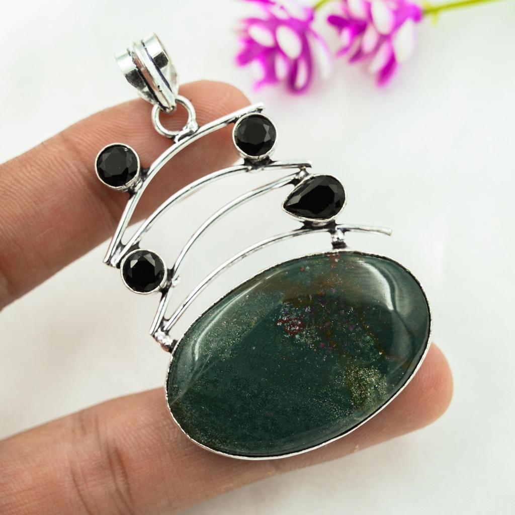 Bloodstone, Black Spinel Pendant, 925 Solid Sterling Silver Pendant Handmade Gemstone Jewelry, Gifts For Wife Brand New Pendant