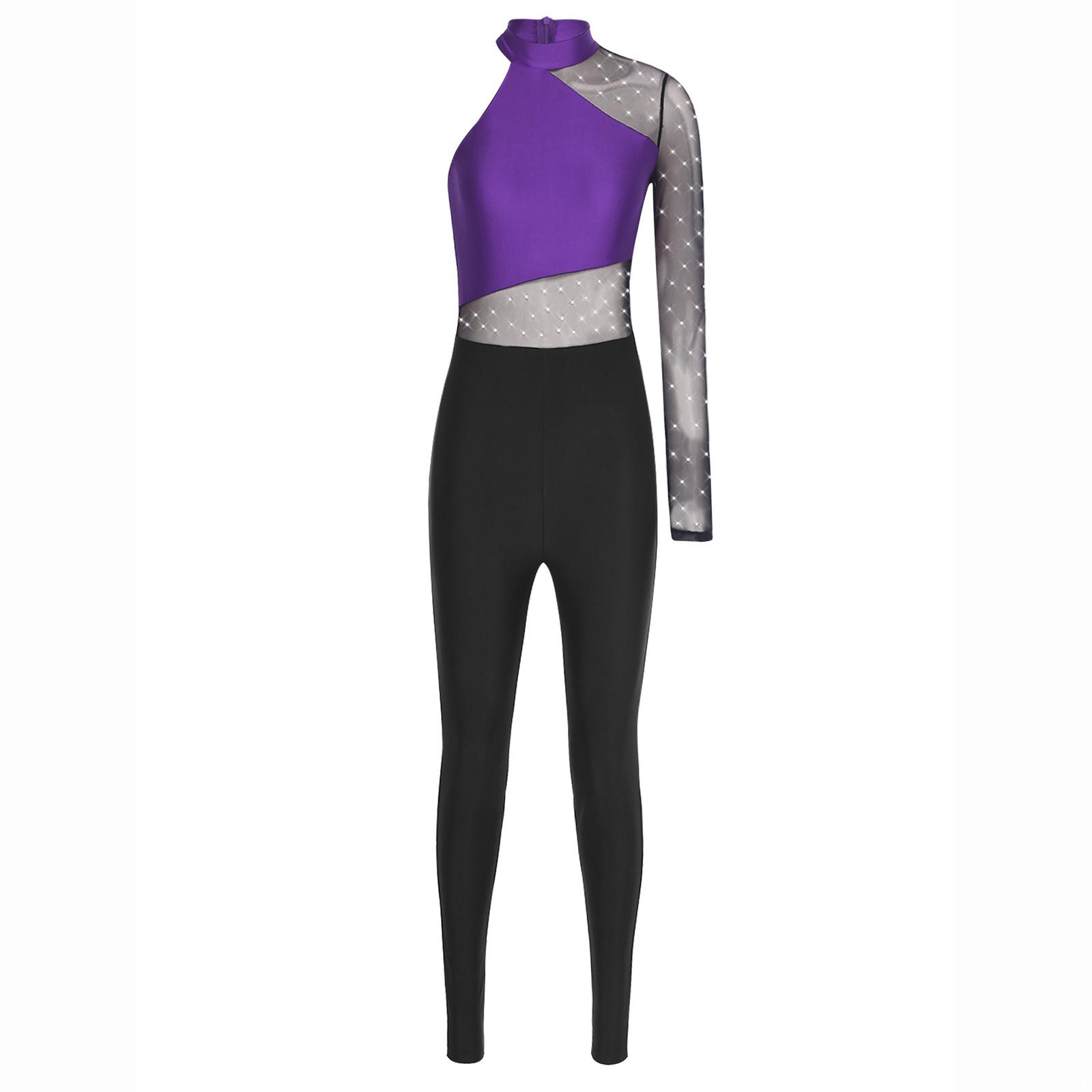 

Жіночий гімнастичний комбінезон на одне плече з довгим рукавом, блискітками та стразами, прозорим сітчастим боді для фігурного катання M фіолетовий