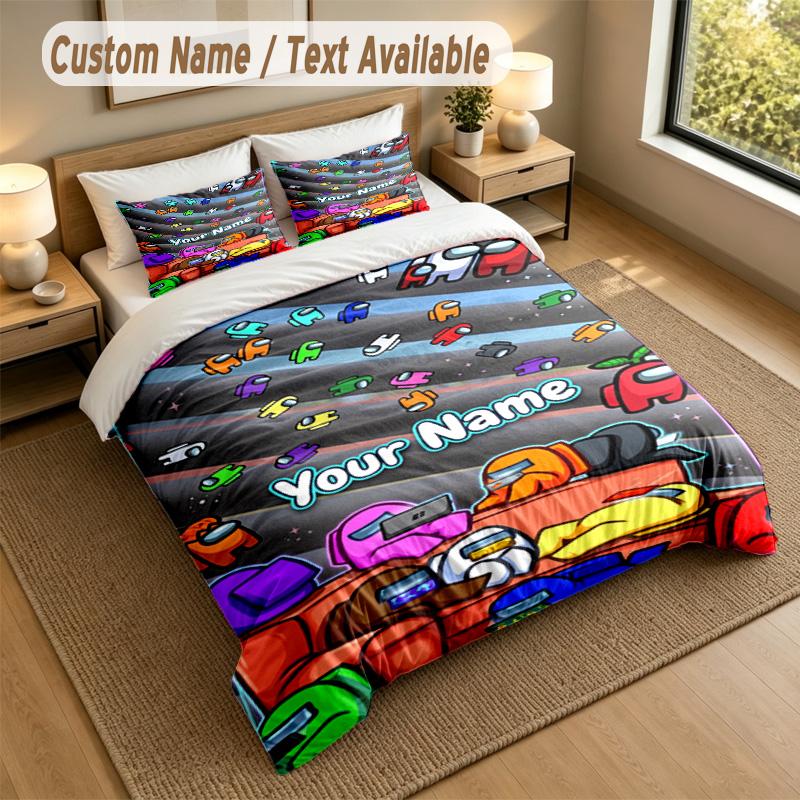 Custom Name Text Bedding 3Pcs Set,Among Us 1 Duvet Cover 2 Pillowcases Soft Bed Linen For Gift