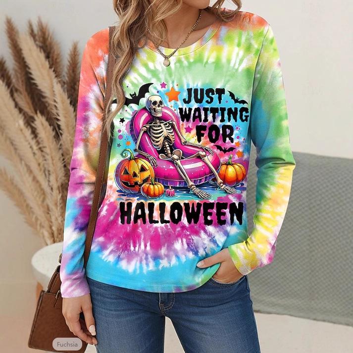 Spring and Autumn Round Neck 3D Halloween Printed Top Fashionable Casual Long Sleeved Women's T-shirts