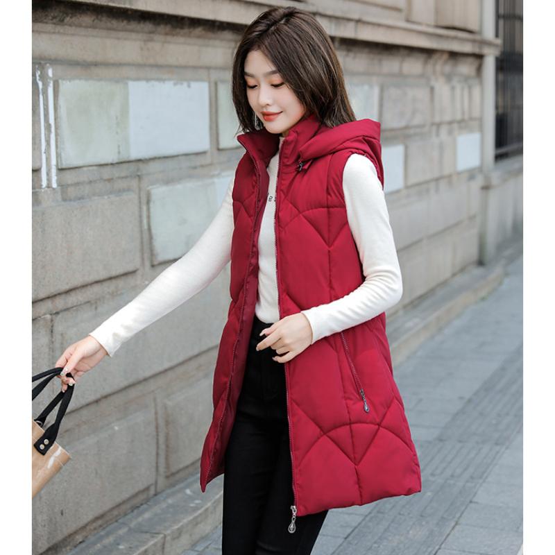 Autumn and Winter Women's Solid Color Vest Hooded Loose Thickening Warm Mid-length Sleeveless Women's Jacket