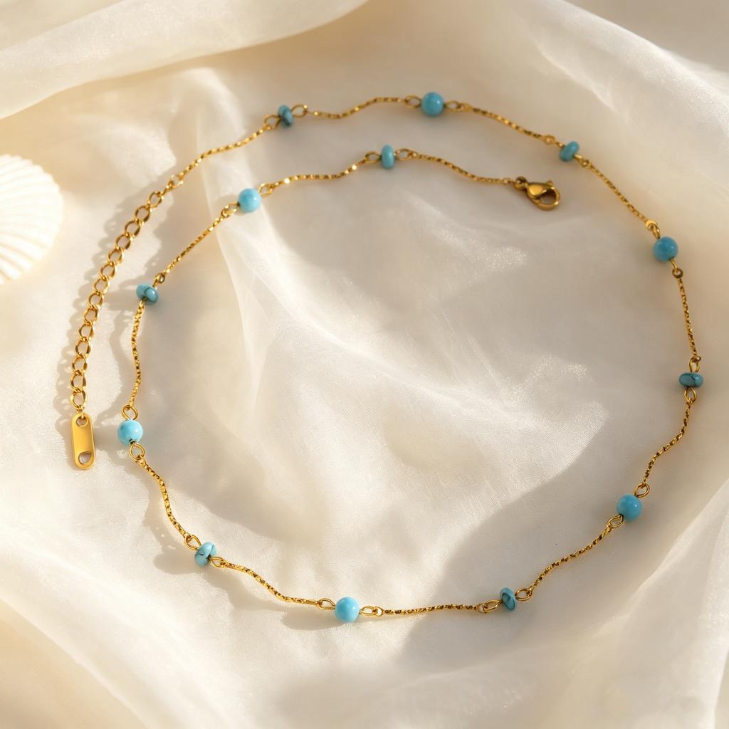 Boho Turquoise Beaded Necklace for Women, Blue Natural Stone Stainless Steel Wave Chain Choker Necklace, Fashion Jewelry Gift